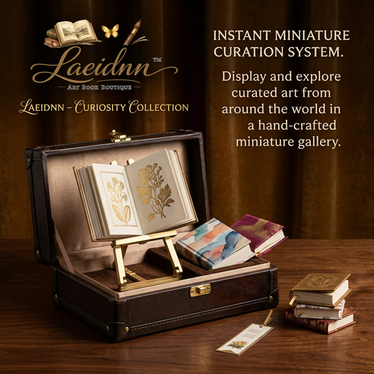 Laeidnn™ Curiosity Collection - Handcrafted Miniature Art Book Gallery Set with Adjustable Brass Easel and Vintage Leather Storage Case | Unique Collectible Tiny Book Display Gift for Bibliophiles, Art Lovers, and Home Decor