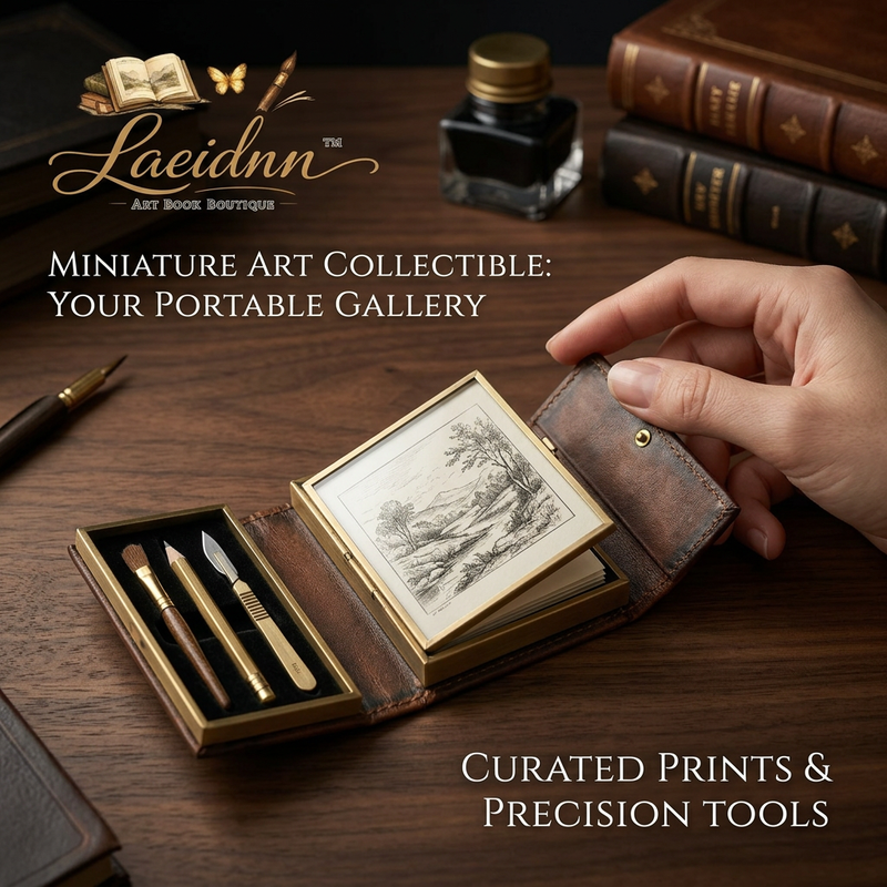 Laeidnn™ Miniature Art Collectible Set - Vintage Leather Portable Gallery with Curated Landscape Art Prints & Precision Detail Craft Tools, Unique Gift for Artists, Journaling & Miniature Enthusiasts