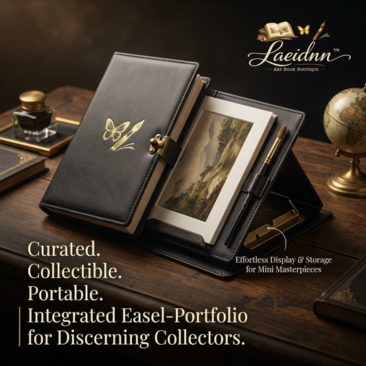 Laeidnn™ Premium Leather Art Journal & Integrated Easel Portfolio - Portable Travel Sketchbook Display Stand, Luxury Artists Organizer Case with Brush Holder for Mini Masterpieces, Postcards and Plein Air Painting