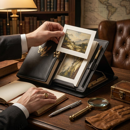 Laeidnn™ Premium Leather Art Journal & Integrated Easel Portfolio - Portable Travel Sketchbook Display Stand, Luxury Artists Organizer Case with Brush Holder for Mini Masterpieces, Postcards and Plein Air Painting