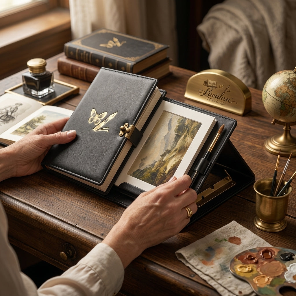 Laeidnn™ Premium Leather Art Journal & Integrated Easel Portfolio - Portable Travel Sketchbook Display Stand, Luxury Artists Organizer Case with Brush Holder for Mini Masterpieces, Postcards and Plein Air Painting
