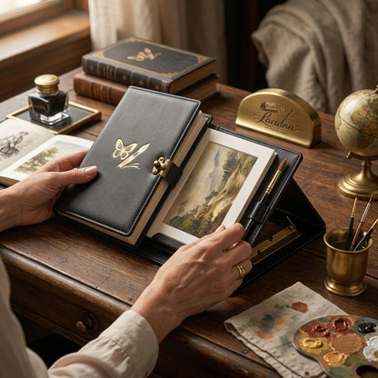 Laeidnn™ Premium Leather Art Journal & Integrated Easel Portfolio - Portable Travel Sketchbook Display Stand, Luxury Artists Organizer Case with Brush Holder for Mini Masterpieces, Postcards and Plein Air Painting