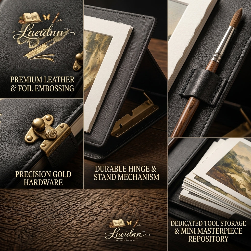 Laeidnn™ Premium Leather Art Journal & Integrated Easel Portfolio - Portable Travel Sketchbook Display Stand, Luxury Artists Organizer Case with Brush Holder for Mini Masterpieces, Postcards and Plein Air Painting