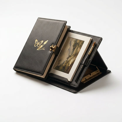Laeidnn™ Premium Leather Art Journal & Integrated Easel Portfolio - Portable Travel Sketchbook Display Stand, Luxury Artists Organizer Case with Brush Holder for Mini Masterpieces, Postcards and Plein Air Painting