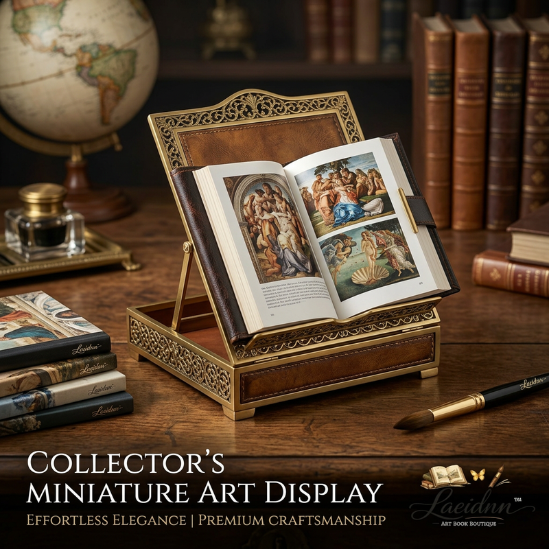 Laeidnn™ Collector’s Miniature Art Display with Storage Base | Vintage Brass & Leather Adjustable Desk Easel, Antique Renaissance Masterpiece Mini Book Set, Luxury Library & Office Tabletop Decor Gift for Art Lovers