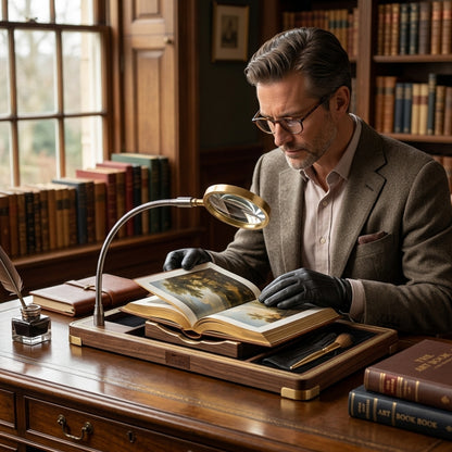 Laeidnn™ Premium Art Book Valet - Luxury Wooden Book Stand & Display Tray with Integrated Precision Magnifier, Archival Handling Glove, and Soft Dusting Brush | Professional Collector's Companion for Rare Books, Albums, & Portfolios