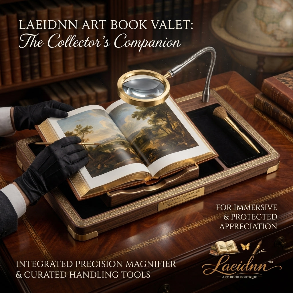 Laeidnn™ Premium Art Book Valet - Luxury Wooden Book Stand & Display Tray with Integrated Precision Magnifier, Archival Handling Glove, and Soft Dusting Brush | Professional Collector's Companion for Rare Books, Albums, & Portfolios