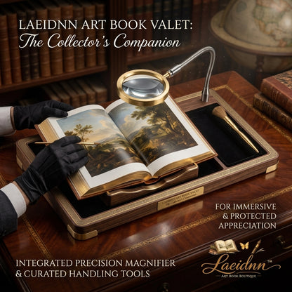 Laeidnn™ Premium Art Book Valet - Luxury Wooden Book Stand & Display Tray with Integrated Precision Magnifier, Archival Handling Glove, and Soft Dusting Brush | Professional Collector's Companion for Rare Books, Albums, & Portfolios