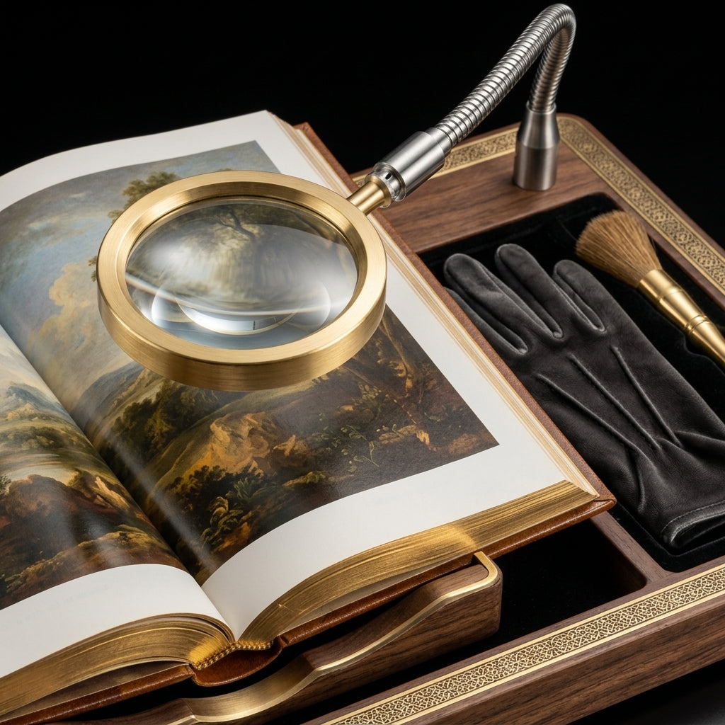 Laeidnn™ Premium Art Book Valet - Luxury Wooden Book Stand & Display Tray with Integrated Precision Magnifier, Archival Handling Glove, and Soft Dusting Brush | Professional Collector's Companion for Rare Books, Albums, & Portfolios