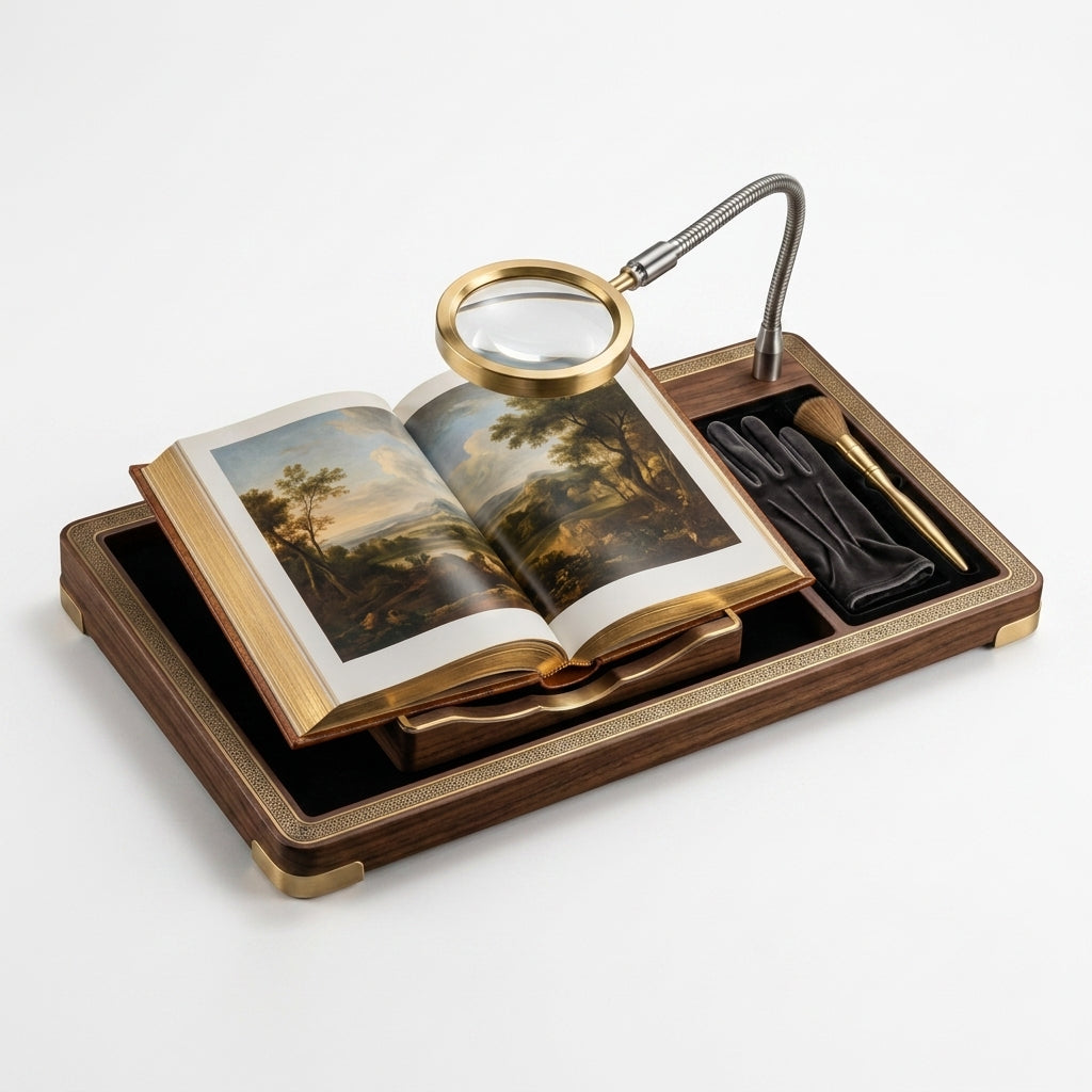 Laeidnn™ Premium Art Book Valet - Luxury Wooden Book Stand & Display Tray with Integrated Precision Magnifier, Archival Handling Glove, and Soft Dusting Brush | Professional Collector's Companion for Rare Books, Albums, & Portfolios